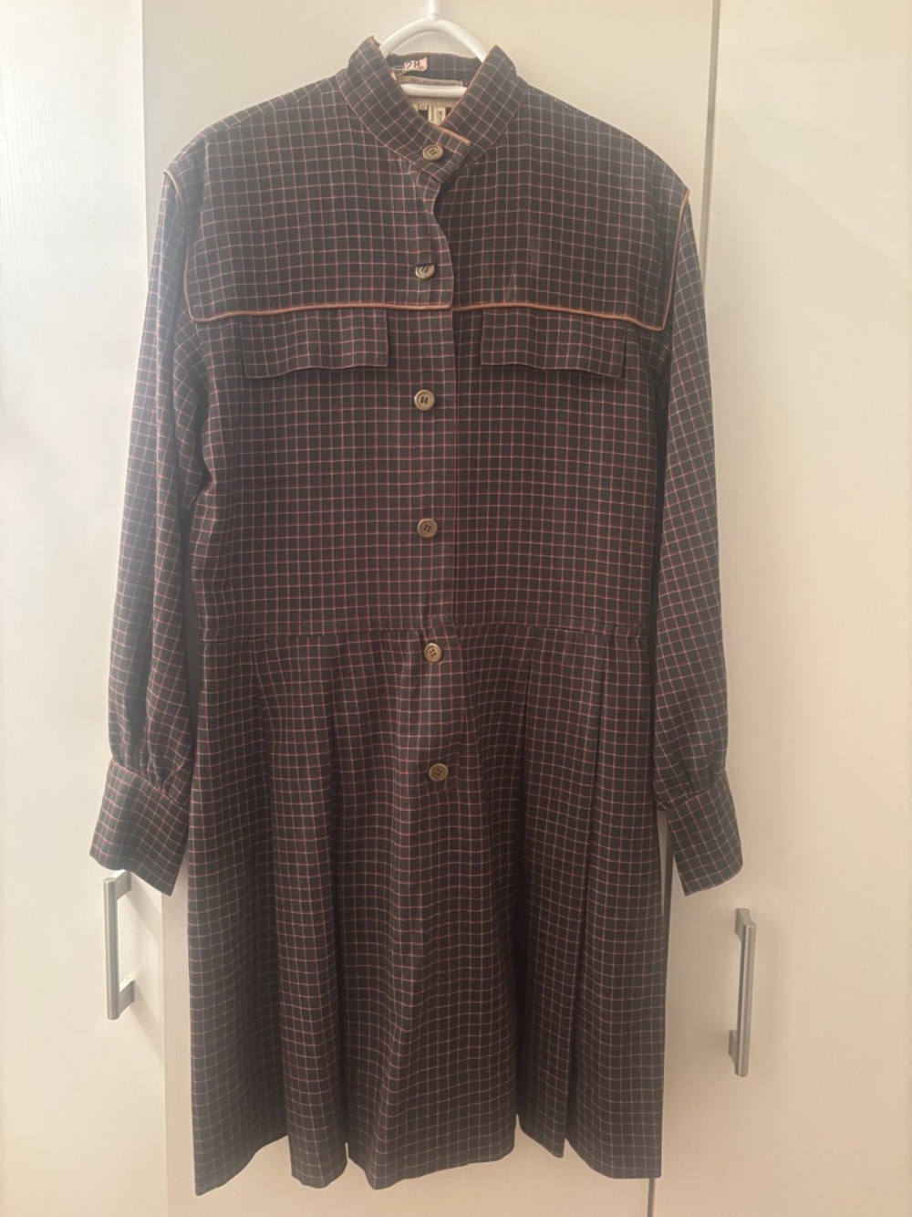 Gucci Brown and Green Checked Long-Sleeve Button Dress